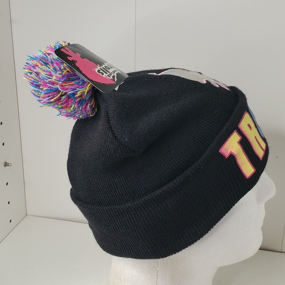 Troll Beanie Knit Hat Skullcap w/ Pom Pom Black Multi-Color NEW Trolls Winter - Picture 6 of 10